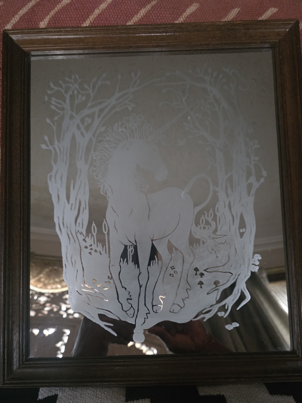 Vintage Wood Framed Unicorn Wall Mirror 13.5" X 11.5"
